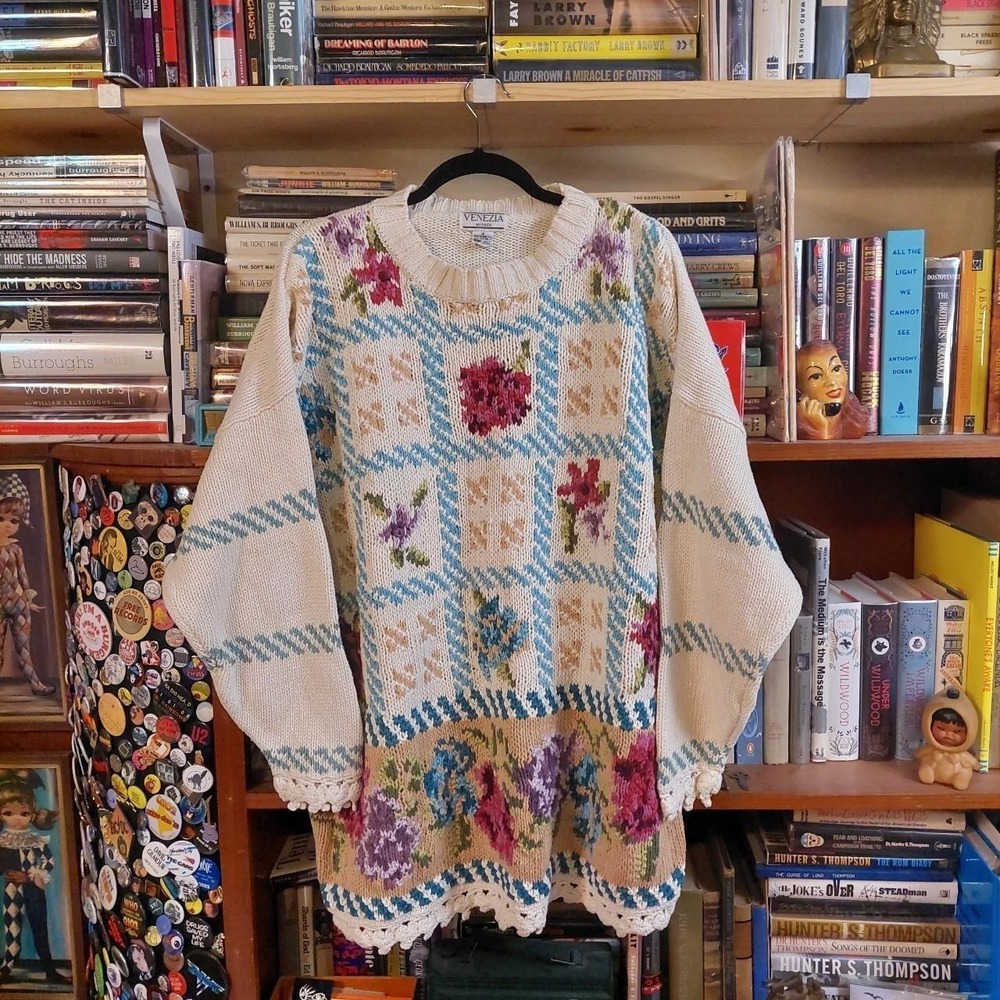 Vintage Venezia Vitale 90s Floral Chunky Knit Sweater Blue Grid Lace Trim 1X